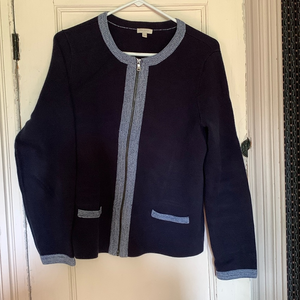 Talbots size Large zip sweater jacket navy with beautiful trim